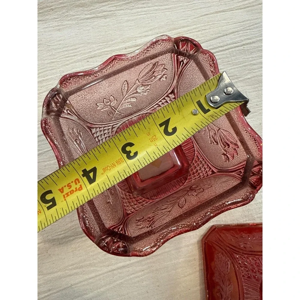 Vintage Ruby Red Glass Candy Dish with Lid Floral Rose Pattern Footed Square 7in